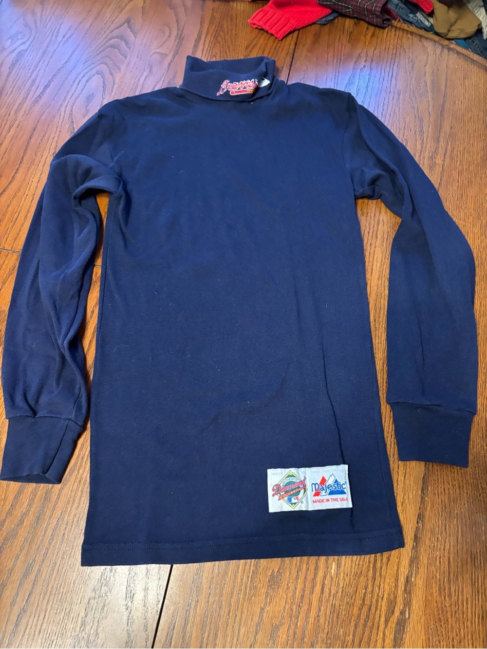 Vtg majestic Atlanta braves mens S turtleneck shirt made in USA long logo blue